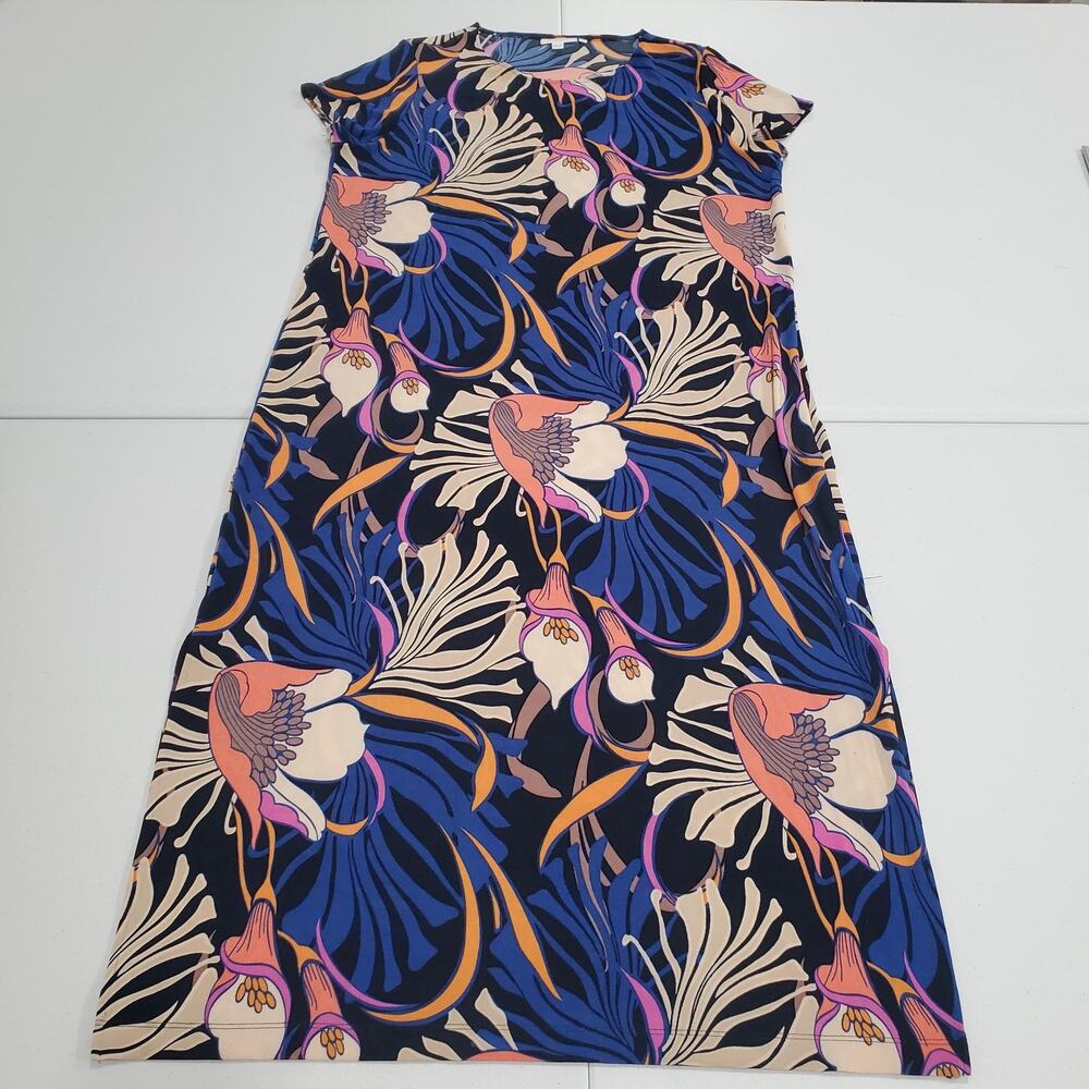 Chicos Travelers Dress Women XL Blue Multicolor Floral Short Sleeve Stretch Knit